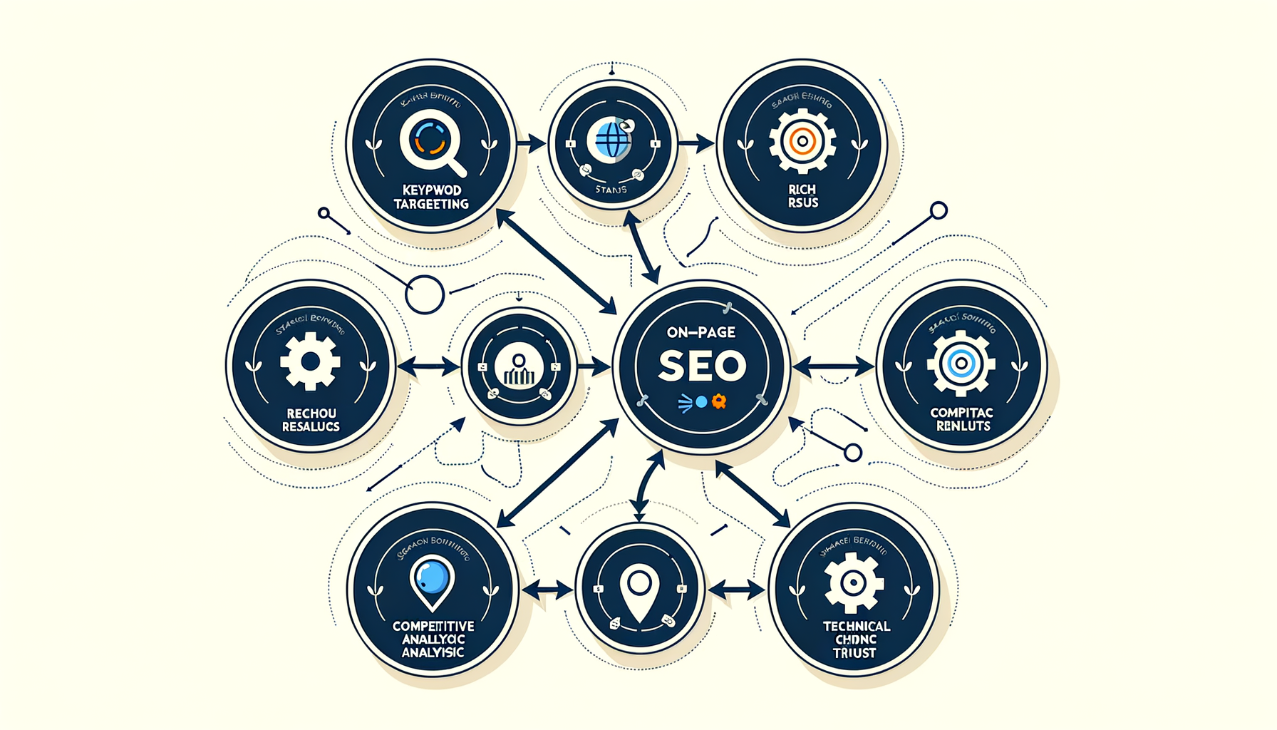 Six key aspects of Search Engine Positioning SEO including keyword targeting, on-page optimization, and technical SEO